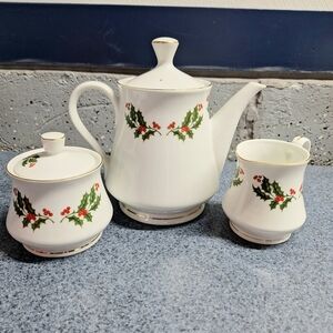 Mervyn's Dept Store "Christmas Holly" Porcelain Teapot with Creamer & Sugar🎄
